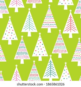 Cute pine trees seamless pattern on green background.