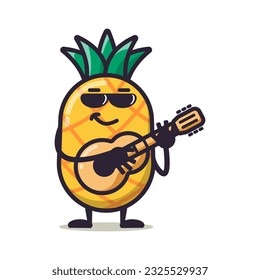 cute pineaple cartoon mascot character funny expression playing guitar