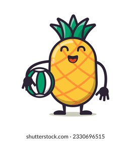 cute pineaple cartoon mascot character funny expression holding ball