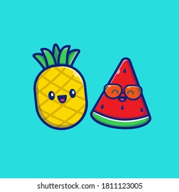 Cute Pineaple with Watermelon Cartoon Vector Icon Illustration. Summer Fruits Icon Concept Isolated Premium Vector. Flat Cartoon Style