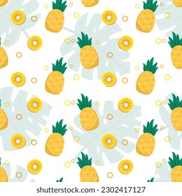 Cute pineaplle and leaves seamless pattern with pastel background