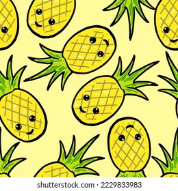 Cute pineapple ananas cartoon character vector doodle seamless pattern 