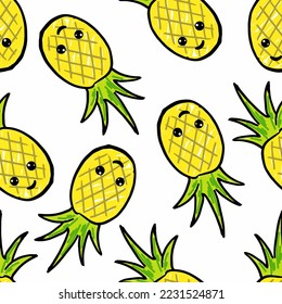 Cute pineapple ananas cartoon character vector doodle seamless pattern isolated white