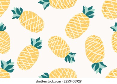 Cute pineapple ananas cartoon character vector doodle seamless pattern on beige