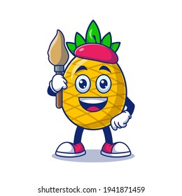 Cute Pineapple Artist Holding Paint Brush Cartoon Vector Illustration. Fruit Mascot Character Concept Isolated Premium Vector