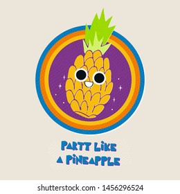 Cute pineapple with big eyes hand drawn illustration. Tropical fruit kawaii art. Cocktail party poster. Flat drawing for t shirt printing and flyers
