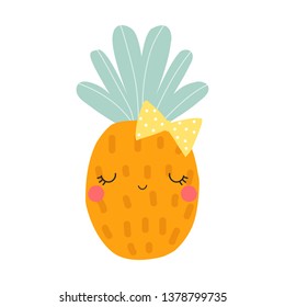 Cute pineapple with bow. Kids fashion print. Vector hand drawn illustration.