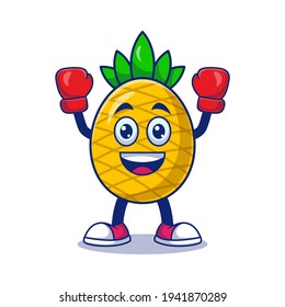 Cute Pineapple Boxing Cartoon Vector Illustration. Fruit Mascot Character Concept Isolated Premium Vector