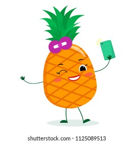 Cute pineapple cartoon character with bow. Holds a phone and makes selfies. Vector illustration, a flat style.