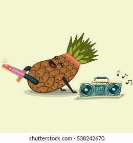 Cute Pineapple cartoon character doing fitness exercise and listening boombox stereo cassette recorder. Healthy eating and sport. Flat retro style illustration concept.