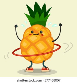 Cute Pineapple cartoon character doing exercises with hula hoop. Eating healthy and fitness. Flat retro style illustration concept.