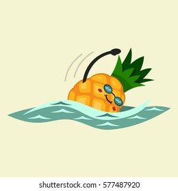 Cute Pineapple cartoon character is engaged in swimming. Eating healthy and fitness. Flat retro style illustration concept.