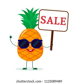 Cute Pineapple cartoon character in sunglasses keeps a sale sign. Vector illustration, a flat style.