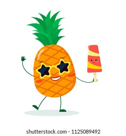 Cute pineapple cartoon character in sunglasses star in the hands of a colorful ice cream. Vector illustration, a flat style.