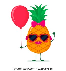 Cute pineapple cartoon character sunglasses hearts, bow and earrings. Holds a red air balloon. Vector illustration, a flat style.