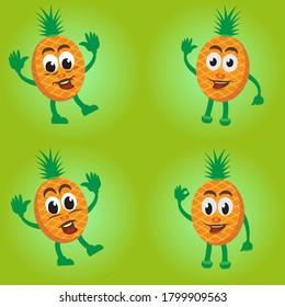 Cute Pineapple cartoon characters and various expressions. Eat healthy fruit. Flat retro style concept illustration.