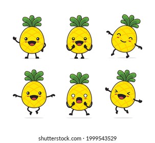 cute pineapple cartoon. with different facial expressions and poses isolated on a white background