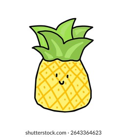 Netter Ananas-Cartoon mit fröhlichem Gesicht, ideal für Sommerthemen, Kinderdrucke, Aufkleber, Planer oder tropische Fruchtdesign-Projekte.