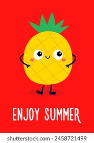 Cute pineapple. Cartoon kawaii funny baby character. Smiling face with big eyes. Hands, legs. Healthy food. Enjoy summer greeting card. Childish style. Flat design. Red background. Vector