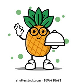 cute pineapple cartoon mascot character funny expression holding food cover