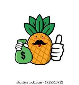 cute pineapple cartoon mascot character funny expression holding money pouch with tumb up