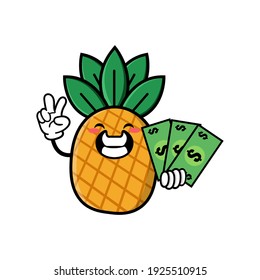 cute pineapple cartoon mascot character funny expression holding money with peace gesture