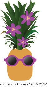 cute pineapple cartoon mascot character with sunglasses and flowers