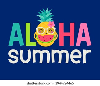 Cute pineapple cartoon with typography design for summer holiday.