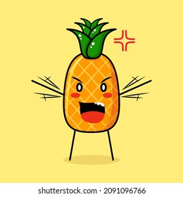 cute pineapple character with angry expression. green and yellow. suitable for emoticon, logo, mascot. both hands raised and mouth open