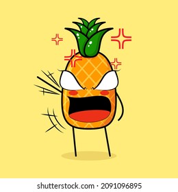 cute pineapple character with angry expression. green and yellow. suitable for emoticon, logo, mascot. one hand raised, eyes bulging and mouth wide open