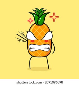 cute pineapple character with angry expression. green and yellow. suitable for emoticon, logo, mascot. one hand raised, eyes bulging and grinning