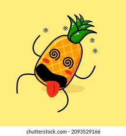 cute pineapple character with dizzy expression, rolling eyes, lie down and tongue sticking out. green and yellow. suitable for emoticon, logo, mascot