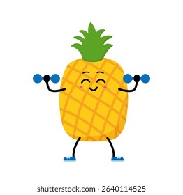 Cute pineapple character does sports weightlifting. Cartoon Happy pineapple at a sports workout. Vector illustration on white background. concept of a healthy lifestyle and sports.