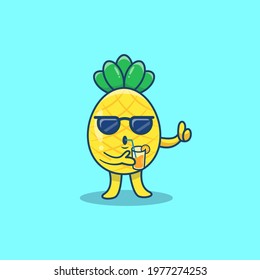 Cute Pineapple character Drinking juice vector ilustration. Summer Fruit Icon Concept Isolated Premium Vector. Flat Cartoon Style