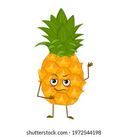 Cute pineapple character with emotions, face, arms and legs. The funny or proud, domineering hero, fruit with eyes. Vector flat illustration