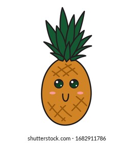 Cute pineapple character with face. Kawaii doodle pineapple isolated on white background. Stock vector illustration.
