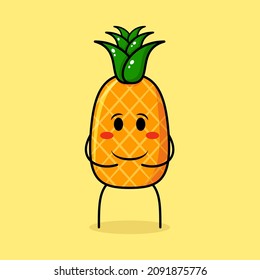 cute pineapple character with happy expression, smiling and both hands on stomach. green and yellow. suitable for emoticon, logo, mascot