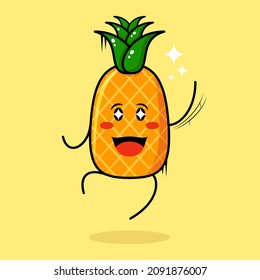 cute pineapple character with happy expression, jump, one hand up, mouth open and sparkling eyes. green and yellow. suitable for emoticon, logo, mascot