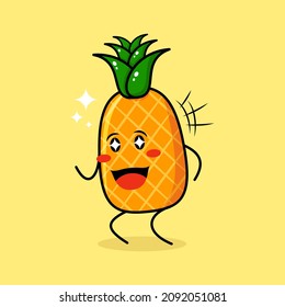 cute pineapple character with happy expression, mouth open and sparkling eyes. green and yellow. suitable for emoticon, logo, mascot