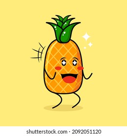cute pineapple character with happy expression, two hands clenched and sparkling eyes. green and yellow. suitable for emoticon, logo, mascot