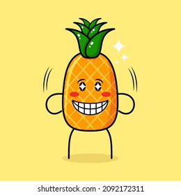 un personaje adorable de piña con expresión feliz, ojos brillantes y sonriente. verde y amarillo. adecuado para emoticono, logotipo, mascota