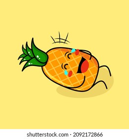 cute pineapple character with happy expression, lie down, close eyes and tears. green and yellow. suitable for emoticon, logo, mascot