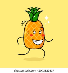 cute pineapple character with happy expression, sparkling eyes, run and smiling. green and yellow. suitable for emoticon, logo, mascot