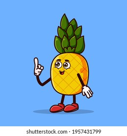 Cute pineapple character with happy face and Gesture pointing up. Fruit character icon concept isolated. Emoji Sticker. flat cartoon style Vector
