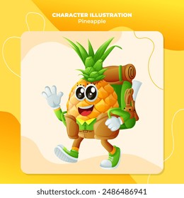 Cute pineapple character hiking. Perfect for kids, merchandise and sticker, banner promotion
