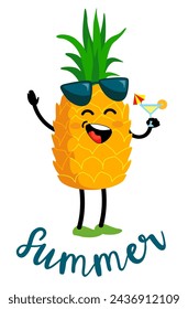 Cute pineapple character with human face and cocktail glass. Cartoon funny pineapple happy fruit character smiling holding cocktail glass going to fun. Summer concept. Vector illustration isolated. 