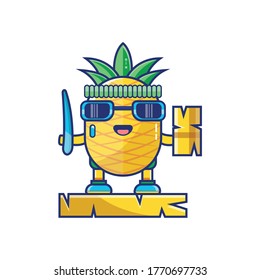 Ilustración de carácter lindo de piña, adecuado para, logotipo, banner, aterrizaje web, pegatina, ilustración vectorial.