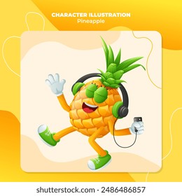 Cute pineapple character listening to music. Perfect for kids, merchandise and sticker, banner promotion
