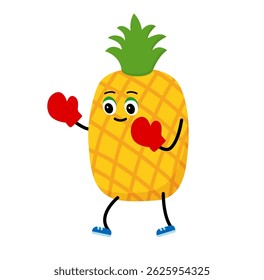 Cute pineapple character makes fighting in boxing gloves.  pineapple are engaged in boxing sports. Cartoon avocado symbols, isolated clipart. Vector illustration .