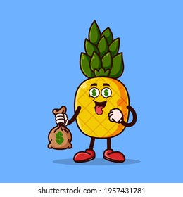 Cute Pineapple Character With Money Eyes And Holding Money Bag. Fruit Character Icon Concept Isolated. Emoji Sticker. Flat Cartoon Style Vector